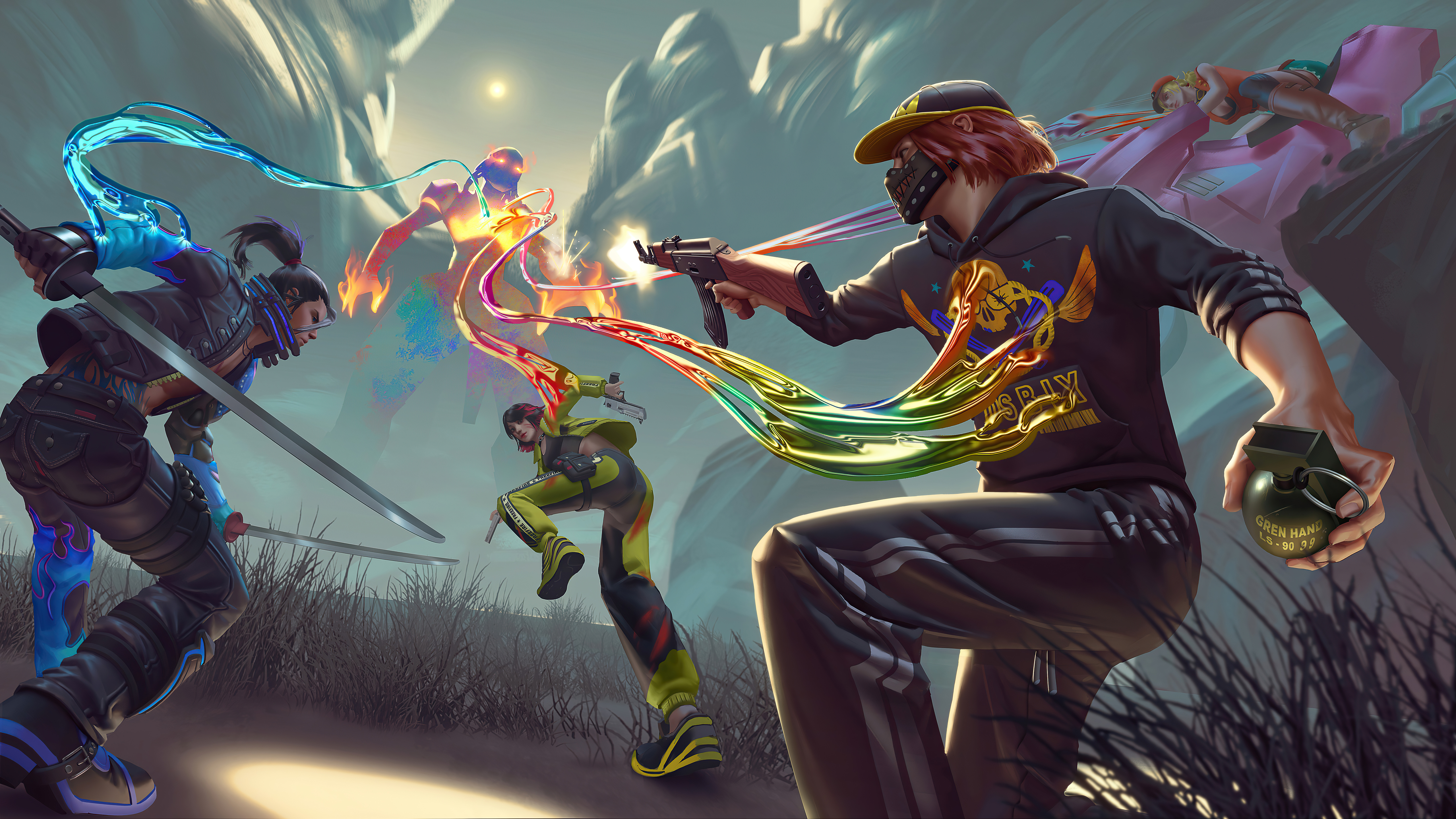 Garena Free Fire key art featuring the game's cast of characters in a cinematic landscape composition