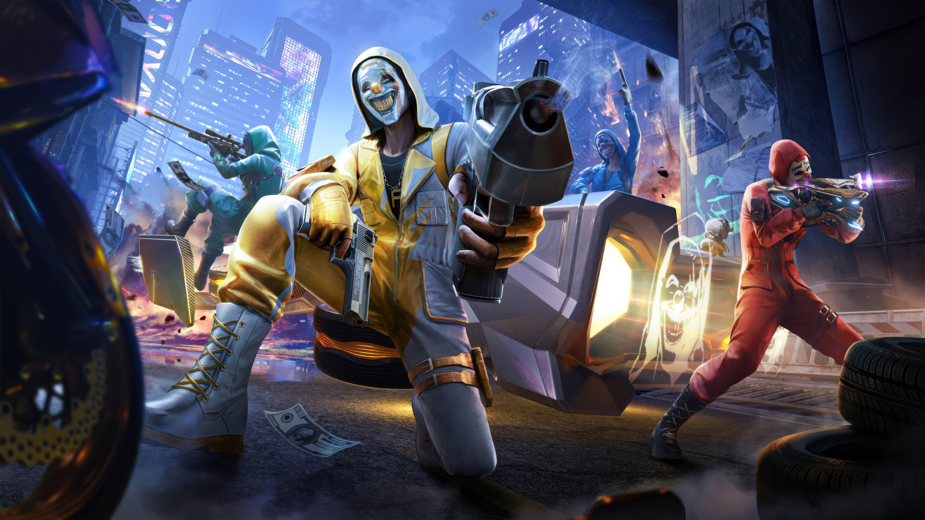 Free Fire 8th anniversary promotional artwork featuring the new Evo Gun skin in a wide cinematic format